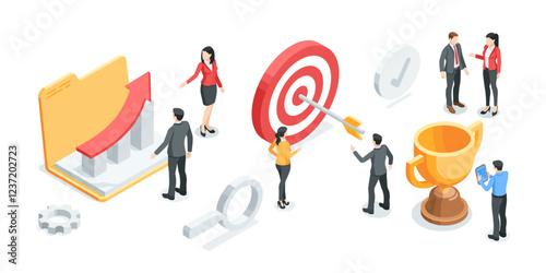 isometric vector business concept with people and icons of cup and target with arrow, in color on white background, strategy for success or achieving goal