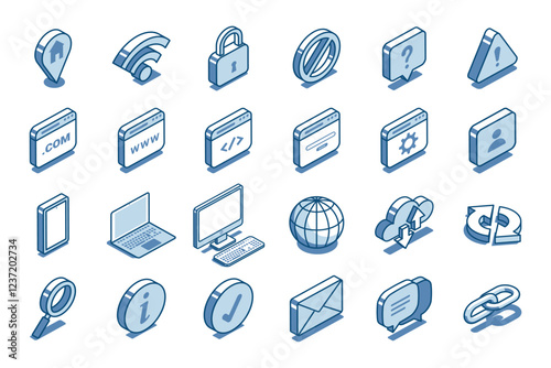 Isometric vector set of linear badges on the theme of computers and the Internet, in color on a white background, IT technology and SEO