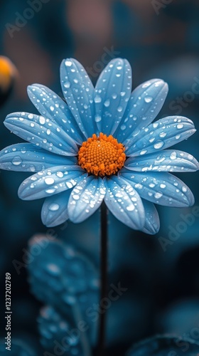 A close-up photograph captures a vivid blue flower adorned with dew droplets, showcasing its delicate petals and vibrant orange center beautifully.