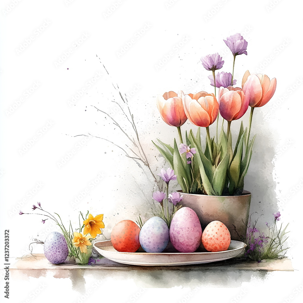 Obraz premium Easter decoration featuring tulips, daffodils and eggs on a plate, painted in watercolor with an ambient atmosphere and a white background.