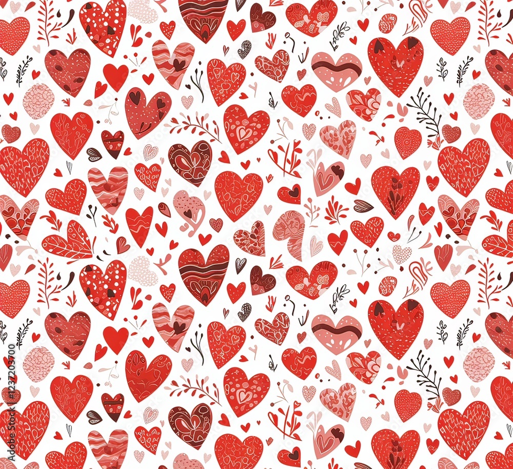 Seamless Pattern of Hand-Drawn Red Hearts with Bold Brush Strokes on White Background