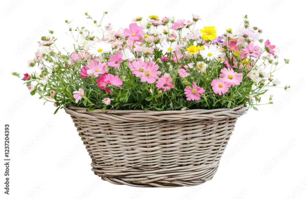 Obraz premium Colorful flower basket full of blooms in sunlight isolated on transparent background