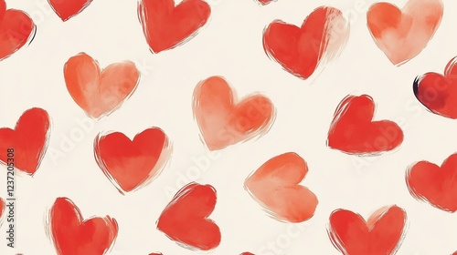Seamless Pattern of Hand-Drawn Red Hearts with Bold Brush Strokes on White Background