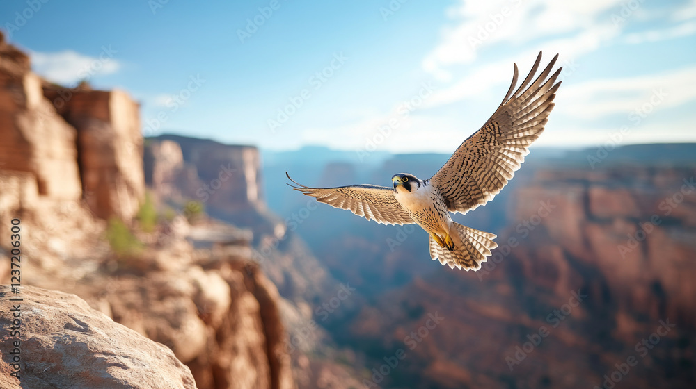 Peregrine falcon in flight over majestic canyon landscape with wings spread. Concept of wildlife, nature, bird of prey, freedom, natural beauty, adventure, conservation Peregrine falcon in flight over majestic canyon landscape with wings spread. Concept of wildlife, nature, bird of prey, freedom, natural beauty, adventure, conservation
