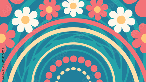Bright, cheerful flowers and layered arches form a lively background, ideal for various design projects like invitations and digital artwork, exuding a joyful vibe