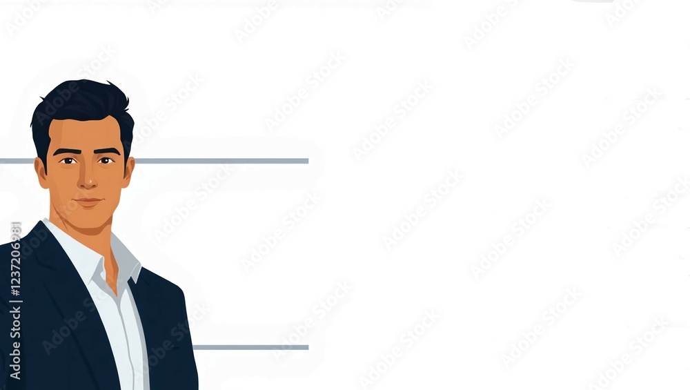 Illustrated businessman in a dark blue suit with a white shirt, standing against a clean, minimalistic background with text placeholders.
Illustrated businessman in a dark blue suit with a white shirt, standing against a clean, minimalistic background with text placeholders.