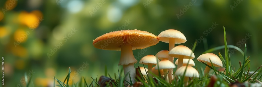 Colorful mushrooms growing in a vibrant green meadow during a sunny day Colorful mushrooms growing in a vibrant green meadow during a sunny day