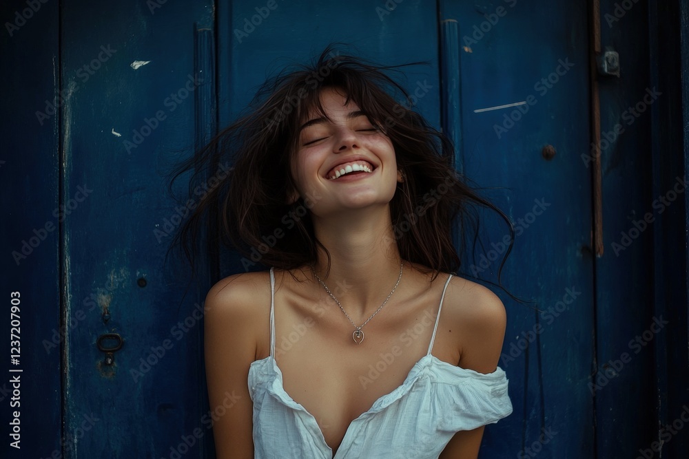 Fototapeta premium Joyful Woman Laughing Against a Blue Door. Generative AI.