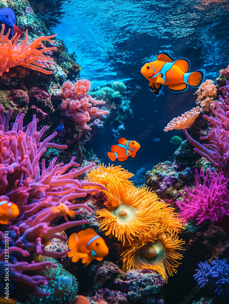 Obraz premium A vibrant underwater scene featuring colorful coral reefs, various species of fish including clownfish, and anemones, showcasing the diversity and beauty of marine life.