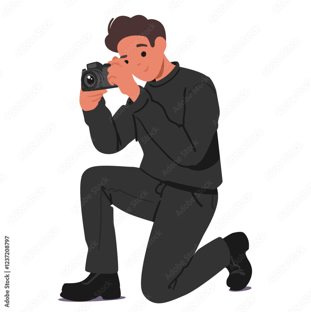 Teenage guy child cartoon character taking picture photo by camera playing crime investigation