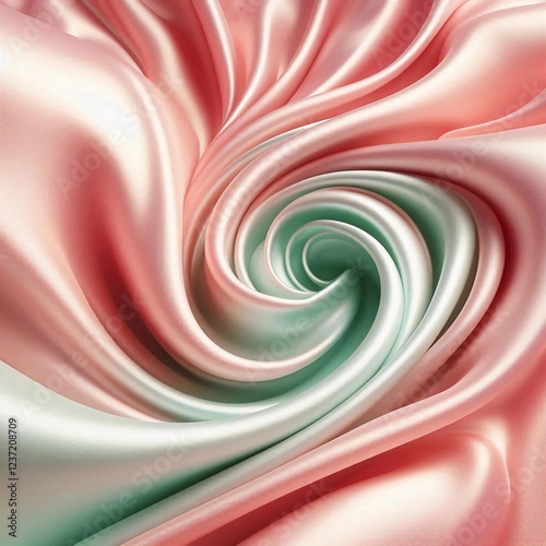 A piece of fabric with a smooth, silky texture in smooth, undulating folds and curves, mint and pink in colour, enhancing the feeling of softness and luxury.