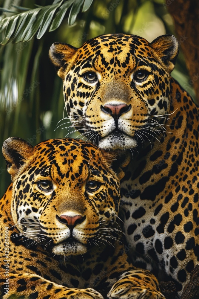 A close-up of two jaguars, likely a mother and cub, showcasing their distinctive spotted fur patterns. A close-up of two jaguars, likely a mother and cub, showcasing their distinctive spotted fur patterns.