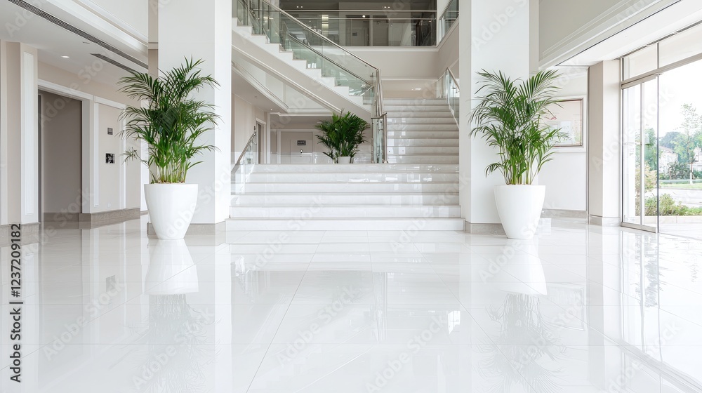 Fototapeta premium Modern building lobby, grand staircase, plants, bright interior
