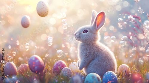 Surreal Easter bunny, dreamlike landscape, floating eggs, pastel colors, fantasy art, ethereal and mysterious