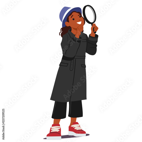 Little curious girl child cartoon character playing game being detective with huge magnifying glass