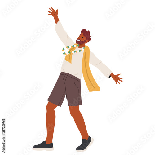 Happy dancing man cartoon character in traditional Indian floral necklace celebrating Holi festival