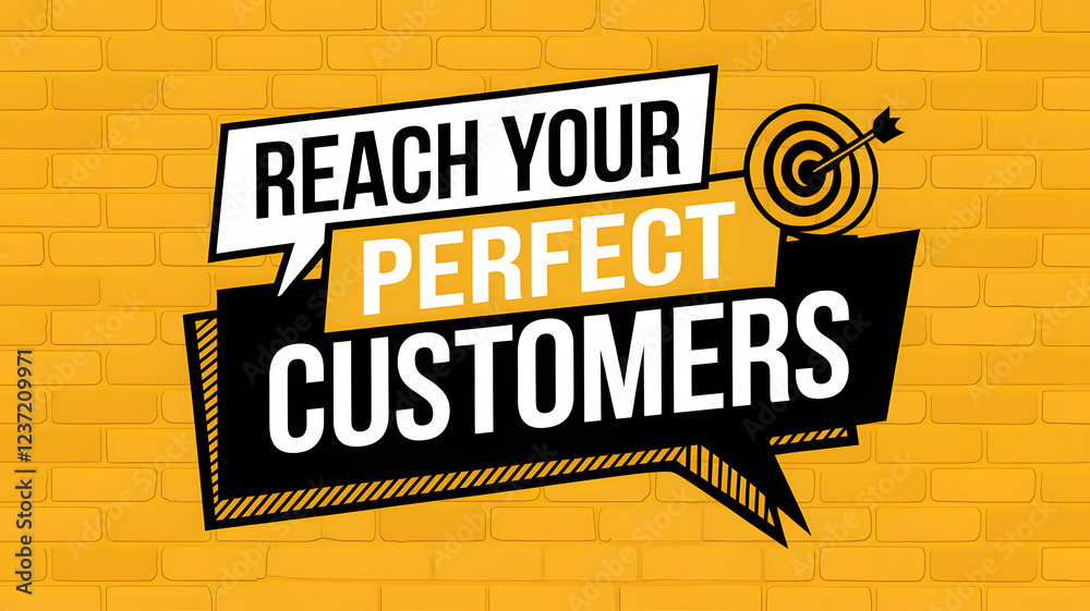 Obraz premium REACH YOUR PERFECT CUSTOMERS text. Bold black and white typography with yellow accents on a brick wall background. 