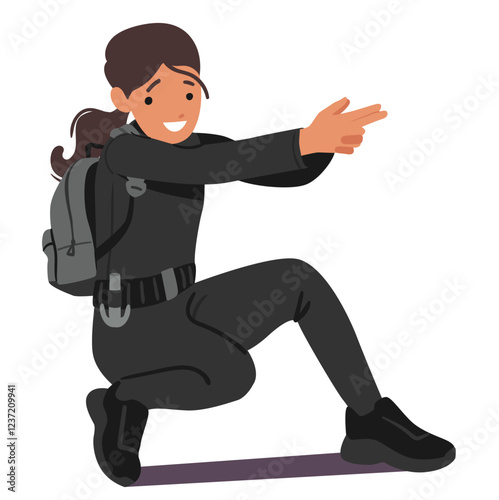 Teen girl cartoon character playing secret agent showcasing arms like handgun isolated on white