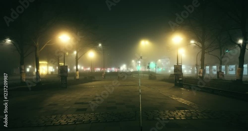 city scape at a foggy night with lots of streetlights