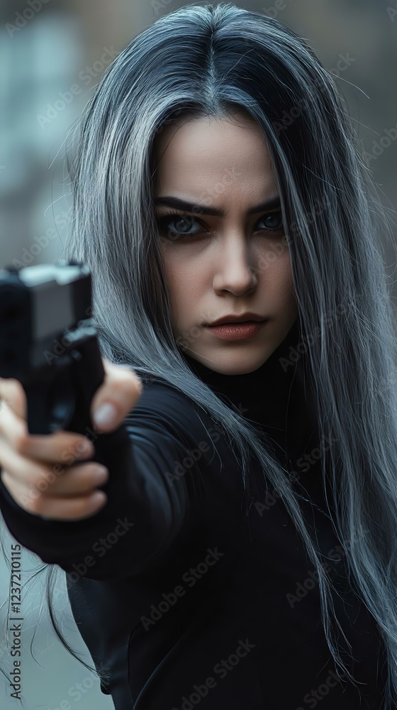 A fierce woman with striking grey hair aims a gun directly at the viewer, exuding confidence and intensity in a dramatic urban setting. A fierce woman with striking grey hair aims a gun directly at the viewer, exuding confidence and intensity in a dramatic urban setting.