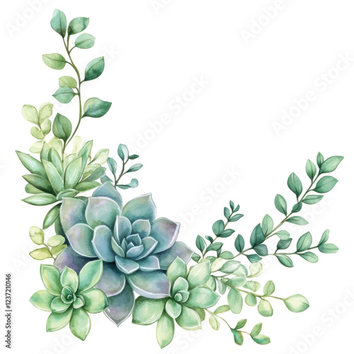 Watercolor succulent and greenery corner arrangement with various leaves and plants isolated png