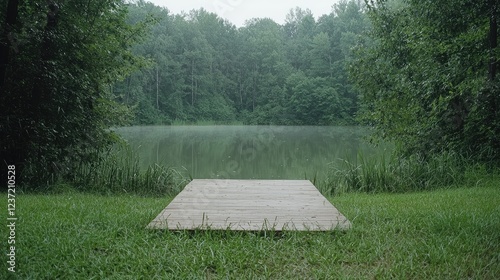 Misty lake dock, serene forest background; tranquil nature scene