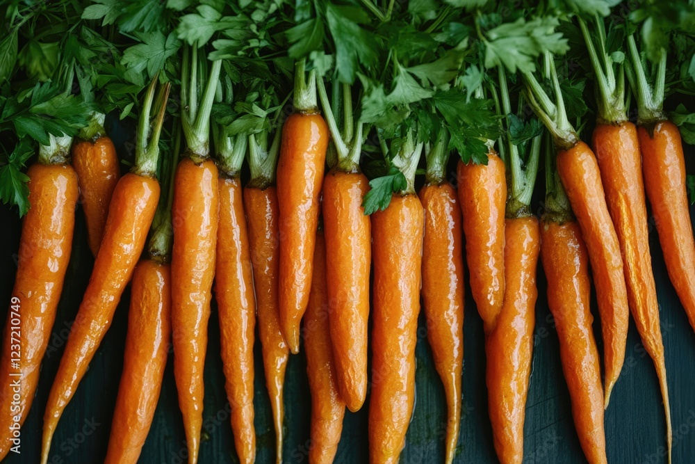 Carrots with green tops and stems, displayed against a dark background. Carrots with green tops and stems, displayed against a dark background.