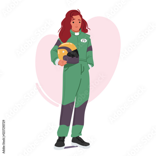 Young woman go-cart extreme speed racer wearing overalls standing with protective crash helmet