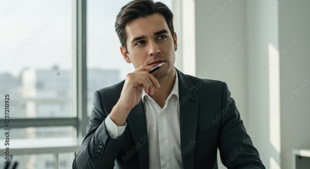 Introspective businessman with a pen, evaluating new opportunities. Introspective businessman with a pen, evaluating new opportunities.