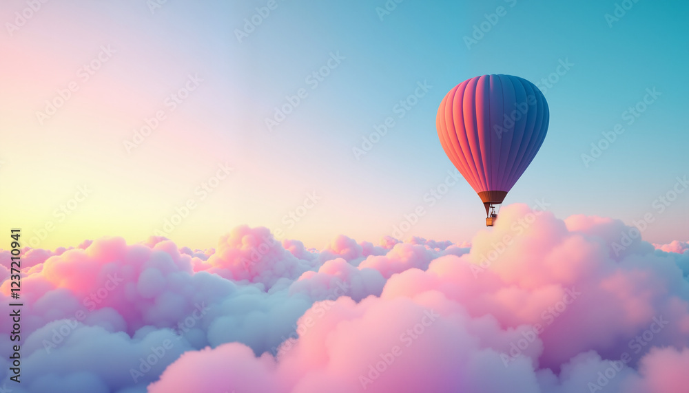 Obraz premium Hot air balloon floating above pastel clouds at sunrise, dreamlike adventure