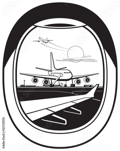 View to airport runway from window of aircraft – vector illustration