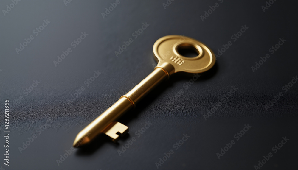 Golden key resting on dark surface, symbol of access and opportunity Golden key resting on dark surface, symbol of access and opportunity