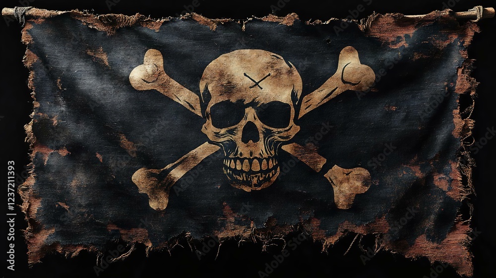 Naklejka premium A weathered pirate flag featuring a skull and crossbones design, symbolizing danger and adventure on the high seas. Perfect for historical themes.