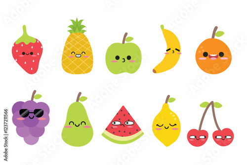 Set of hand drawn cute fruits element set with kawaii style. Funny fruit characters isolated on white background. Suitable for flat design  clip art, stickers, illustration, etc