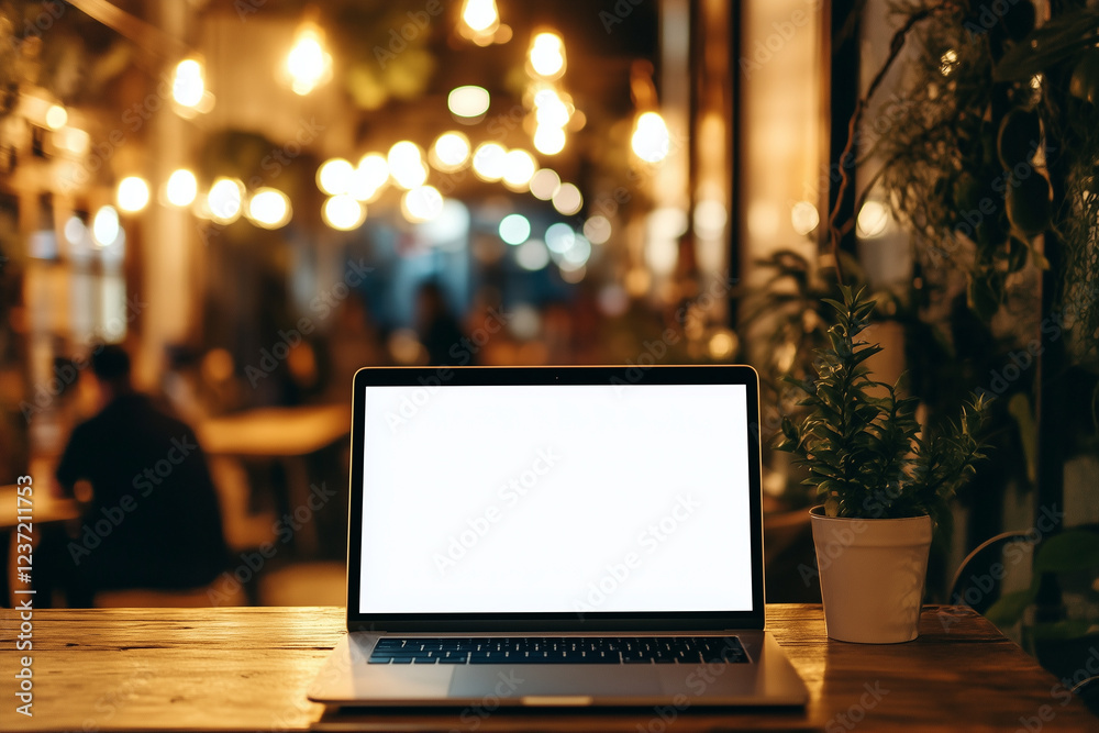 Close-up photo of a laptop with a blank white screen, on a wooden desk in a trendy co-working space, blurred lights and people in the background.