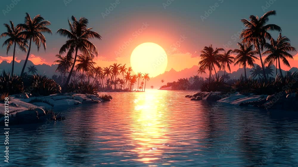 Tropical river with a glowing sunset, lined with palm trees and calm water reflections. Peaceful and exotic nature concept