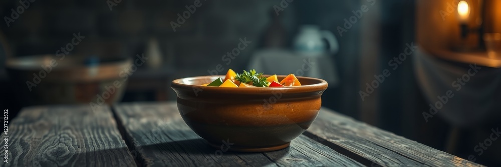 Bowl of colorful salad with vibrant freshness against rustic wooden table