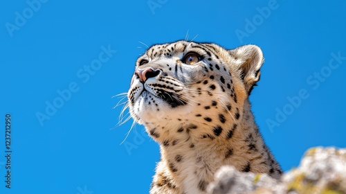Snow leopard gazing skyward, mountain backdrop; wildlife conservation
