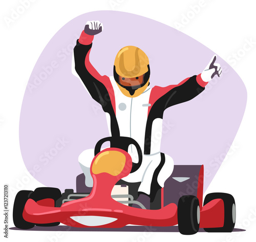 Excited kart racer cartoon character gesturing win and success hand sign due to finishing race