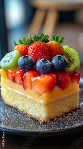 Delicious layered cake topped with fresh fruits like strawberries, blueberries, and kiwi in vibrant colors photo