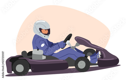 Confident go-cart racer cartoon character driving kart enjoying motorsport championship event
