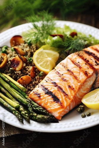 A grilled salmon with a variety of vegetables, served on a white plate.
