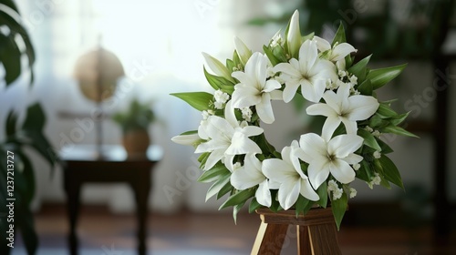 This image depicts a beautifully arranged wreath made with white flowers, adding a touch of elegance to any room.