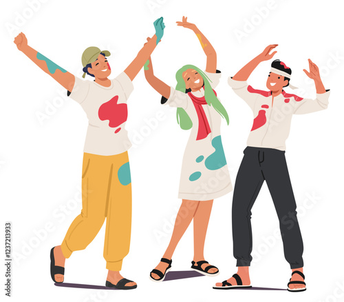 Happy excited teenage guys cartoon character celebrating Holi festival traditional Indian party