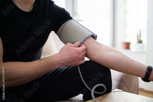 Young man measuring blood pressure at home close up photo