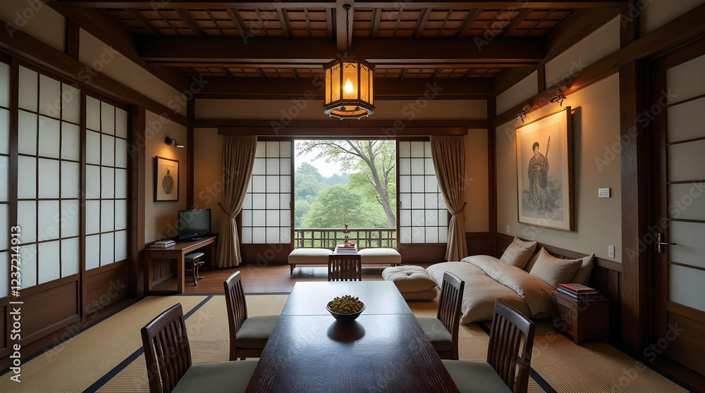 Traditional Japanese room with tatami mats opens to scenic autumn view, featuring minimalist furniture, wooden beams, and peaceful mountain landscape beyond sliding doors Traditional Japanese room with tatami mats opens to scenic autumn view, featuring minimalist furniture, wooden beams, and peaceful mountain landscape beyond sliding doors