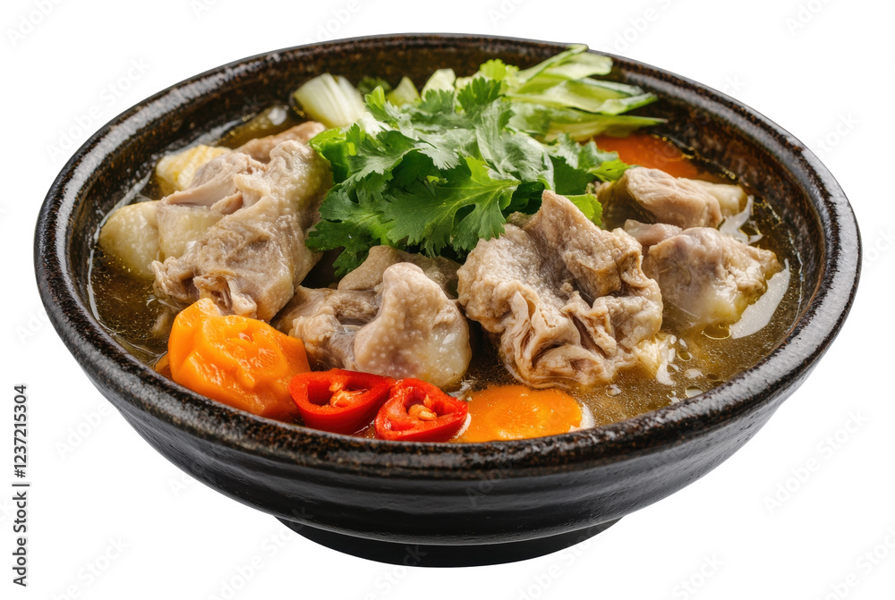 Delicious spicy meat soup with vegetables in bowl isolated on transparent background Delicious spicy meat soup with vegetables in bowl isolated on transparent background