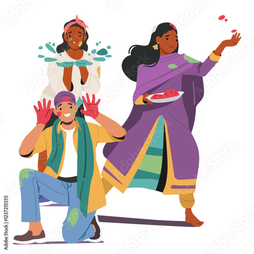 People in spotted clothes participate Holi festival Indian paint party event spraying colored powder