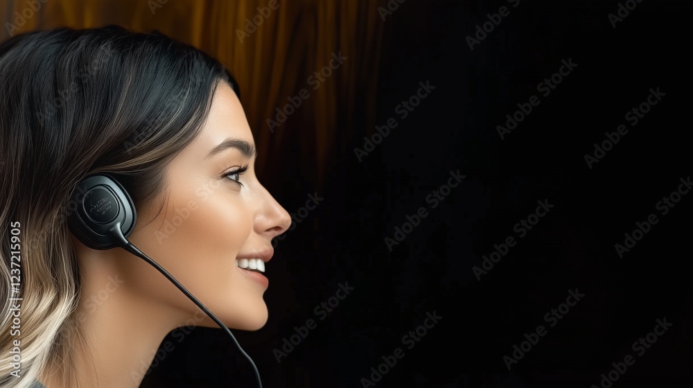 Smiling woman with headset providing exceptional customer support in a professional setting