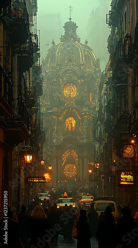 Mysterious, atmospheric city street scene at dusk.  Ornate, illuminated building dominates a narrow, rainslicked street.  Crowds of people move through the foggy ambiance. photo